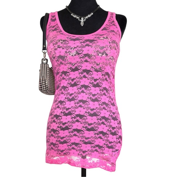 Vintage Aeropostale Woman’s Medium Sheer Pink Lace Tank Top Coverup - Picture 1 of 6